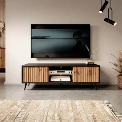 Garnero Arredamenti Mobile Tv Basso|Mobili Tv Moderni-Mobile porta TV 135x45h cm 2 ante rovere cannettato nero Celestia Rovere Rustico - Nero opaco