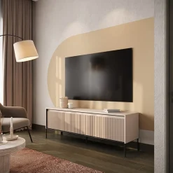 Garnero Arredamenti Mobili Tv Moderni|Mobile Tv Moderno-Mobile porta TV 193x56h cm 4 ante led cannettato nero Camelia Beige