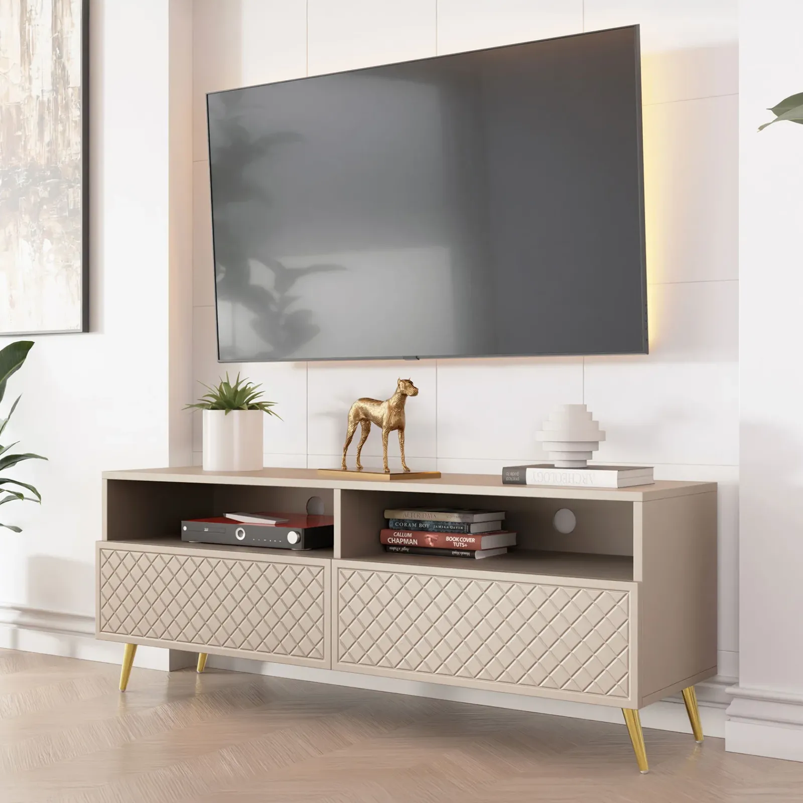 Garnero Arredamenti Mobile Tv Basso|Mobili Tv Moderni-Mobile porta TV 150x57h cm 2 ante 2 vani con frontali decorati Simona Beige