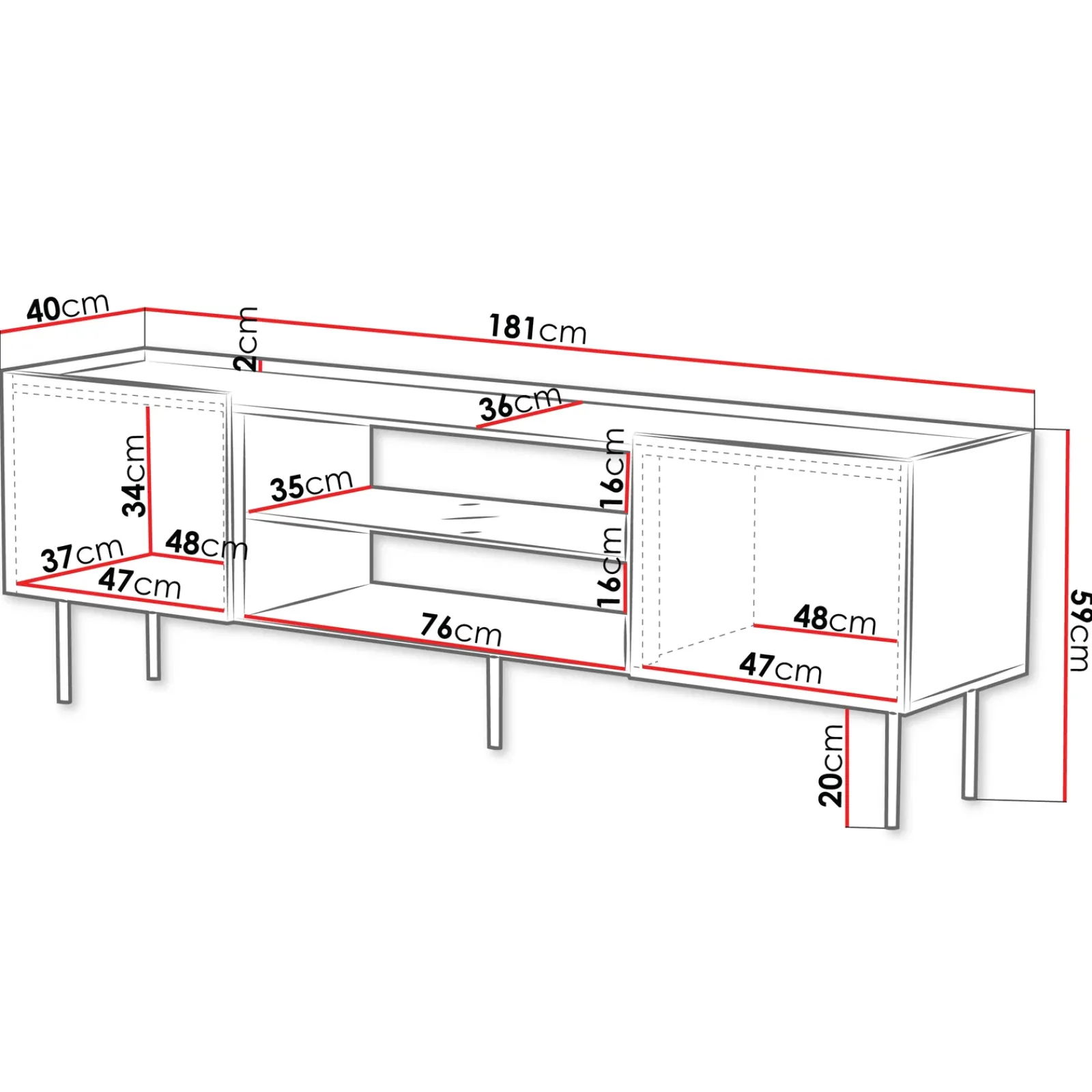 Garnero Arredamenti Mobile Tv Basso-Mobile porta TV 181x59h cm 2 ante 2 vani con frontali decorati bianco Daniele Bianco Opaco