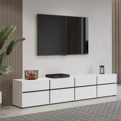 Garnero Arredamenti Mobile Tv Basso|Mobili Tv Moderni-Mobile porta TV 225x48h cm 4 ante a ribalta 4 cassetti moderno nero Lolla Bianco Opaco