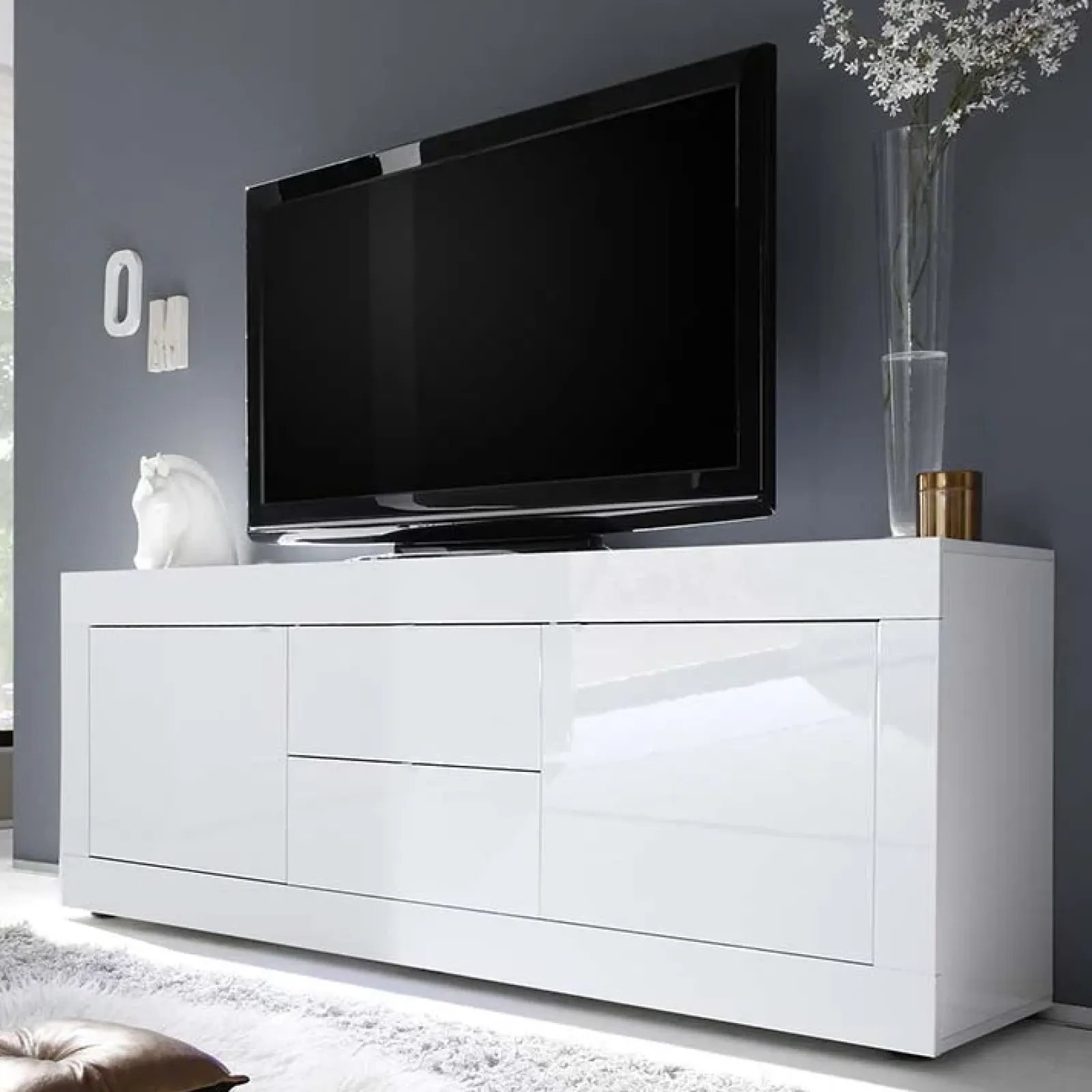 Garnero Arredamenti Mobile Tv Basso|Mobili Tv Moderni-Mobile porta TV 210x66h cm 2 ante 2 cassetti Eternity Bianco Lucido