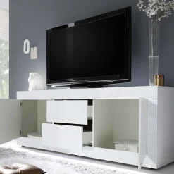 Garnero Arredamenti Mobile Tv Basso|Mobili Tv Moderni-Mobile porta TV 210x66h cm 2 ante 2 cassetti Eternity Bianco Lucido