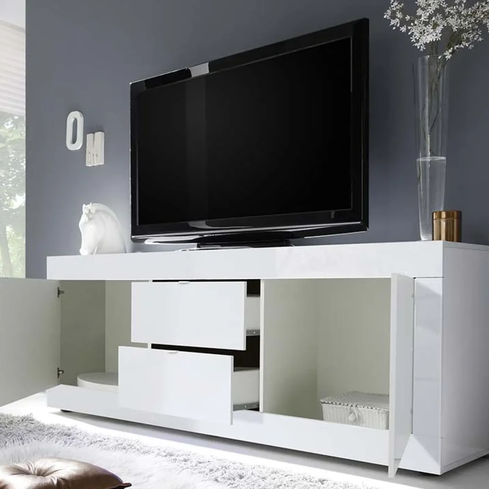 Garnero Arredamenti Mobile Tv Basso|Mobili Tv Moderni-Mobile porta TV 210x66h cm 2 ante 2 cassetti Eternity Bianco Lucido
