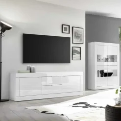 Garnero Arredamenti Mobile Tv Basso|Mobili Tv Moderni-Mobile porta TV 210x66h cm 2 ante 2 cassetti Eternity Bianco Lucido