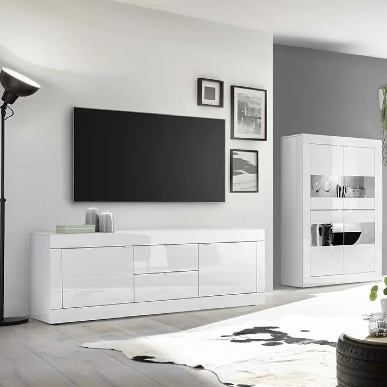 Garnero Arredamenti Mobile Tv Basso|Mobili Tv Moderni-Mobile porta TV 210x66h cm 2 ante 2 cassetti Eternity Bianco Lucido