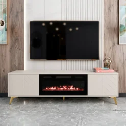 Garnero Arredamenti Camino Elettrico|Mobile Tv Basso-Mobile porta TV 184x53h cm 2 ante con caminetto frontali serigrafati beige nero Miriam
