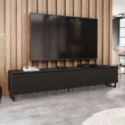 Garnero Arredamenti Mobili Tv Moderni|Mobile Tv Moderno-Mobile porta tv 200x40h cm 4 ante cannettato moderno nero grafite Tiziana