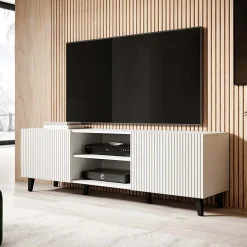 Garnero Arredamenti Mobile Tv Basso|Mobili Tv Moderni-Mobile porta TV 150x52h cm 2 ante cannettato bianco Essence Bianco Opaco