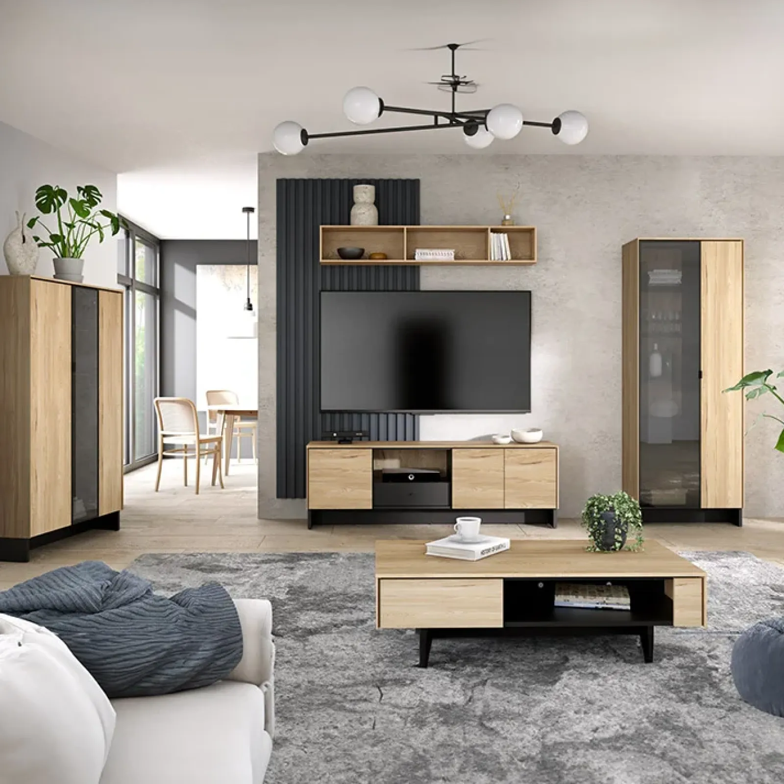 Garnero Arredamenti Mobili Tv Moderni|Mobile Tv Moderno-Mobile porta TV 163x54h cm 2 ante 1 cassetto 1 vano a giorno rovere nero Alabaster