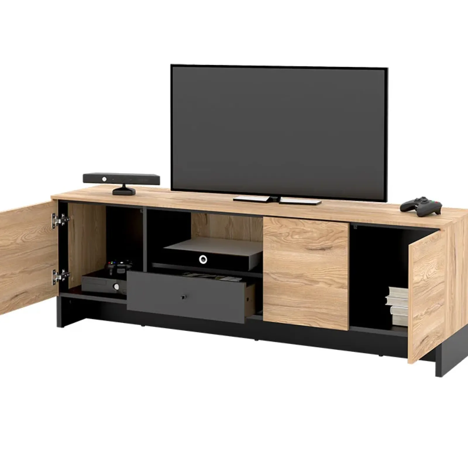 Garnero Arredamenti Mobili Tv Moderni|Mobile Tv Moderno-Mobile porta TV 163x54h cm 2 ante 1 cassetto 1 vano a giorno rovere nero Alabaster