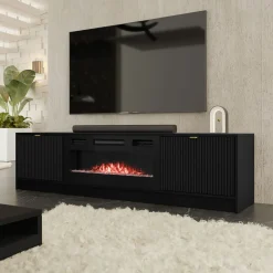 Garnero Arredamenti Camino Elettrico|Mobile Tv Sospeso-Mobile porta TV 182x48h cm 2 ante con caminetto nero cannettato Athena Nero Opaco
