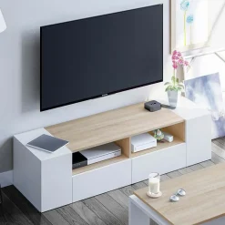 Garnero Arredamenti Mobile Tv Basso|Mobili Tv Moderni-Mobile porta TV 138x36h cm 4 ante soggiorno bianco opaco rovere Ted