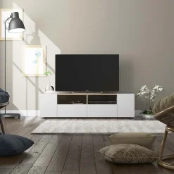 Garnero Arredamenti Mobile Tv Basso|Mobili Tv Moderni-Mobile porta TV 138x36h cm 4 ante soggiorno bianco opaco rovere Ted