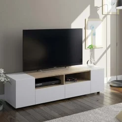 Garnero Arredamenti Mobile Tv Basso|Mobili Tv Moderni-Mobile porta TV 138x36h cm 4 ante soggiorno bianco opaco rovere Ted