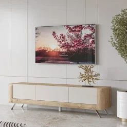 Garnero Arredamenti Mobile Tv Basso-Mobile porta TV 200x52h cm 2 ante 1 cassetto rovere tortora lucido Jumbo Tortora - Rovere