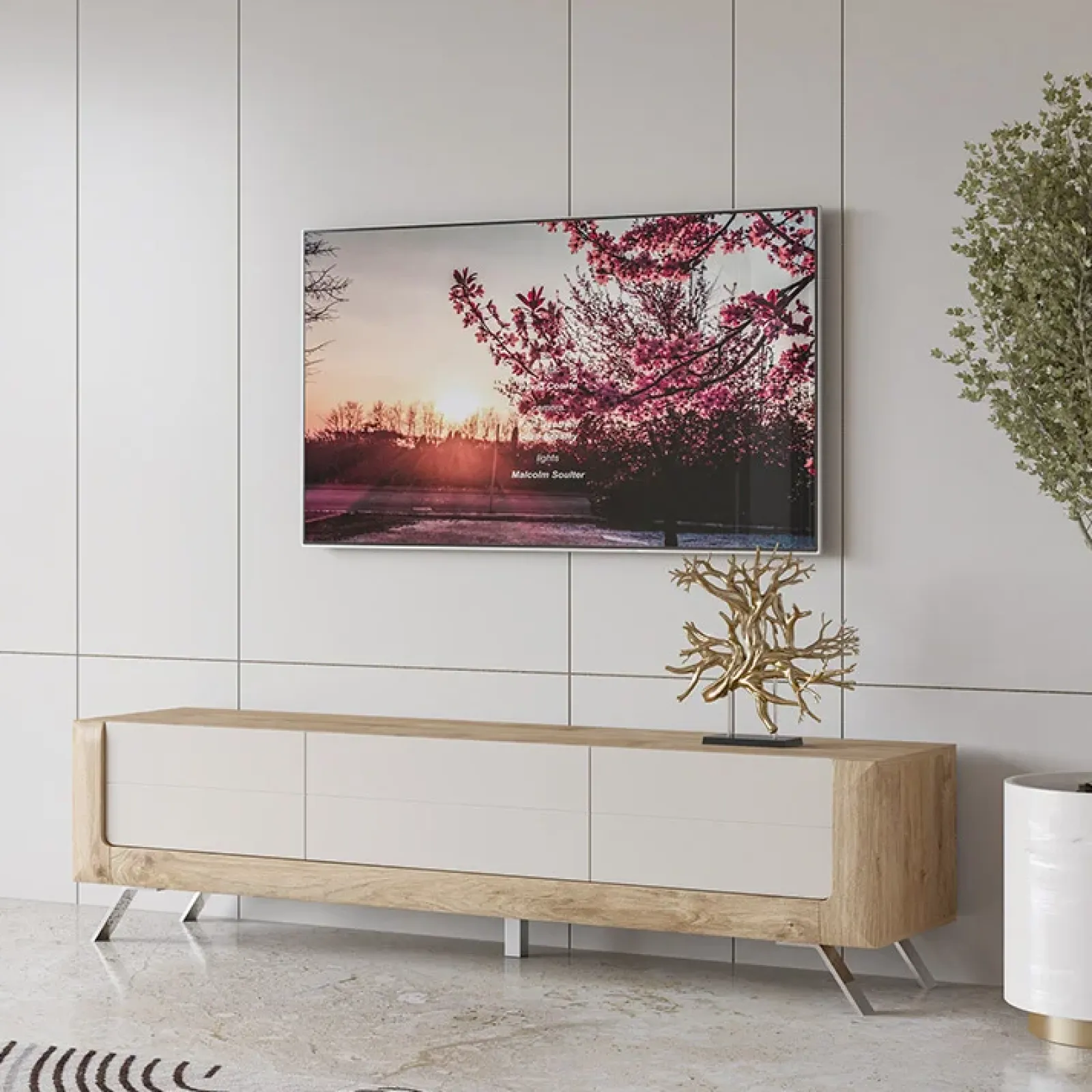 Garnero Arredamenti Mobile Tv Basso-Mobile porta TV 200x52h cm 2 ante 1 cassetto rovere tortora lucido Jumbo Tortora - Rovere