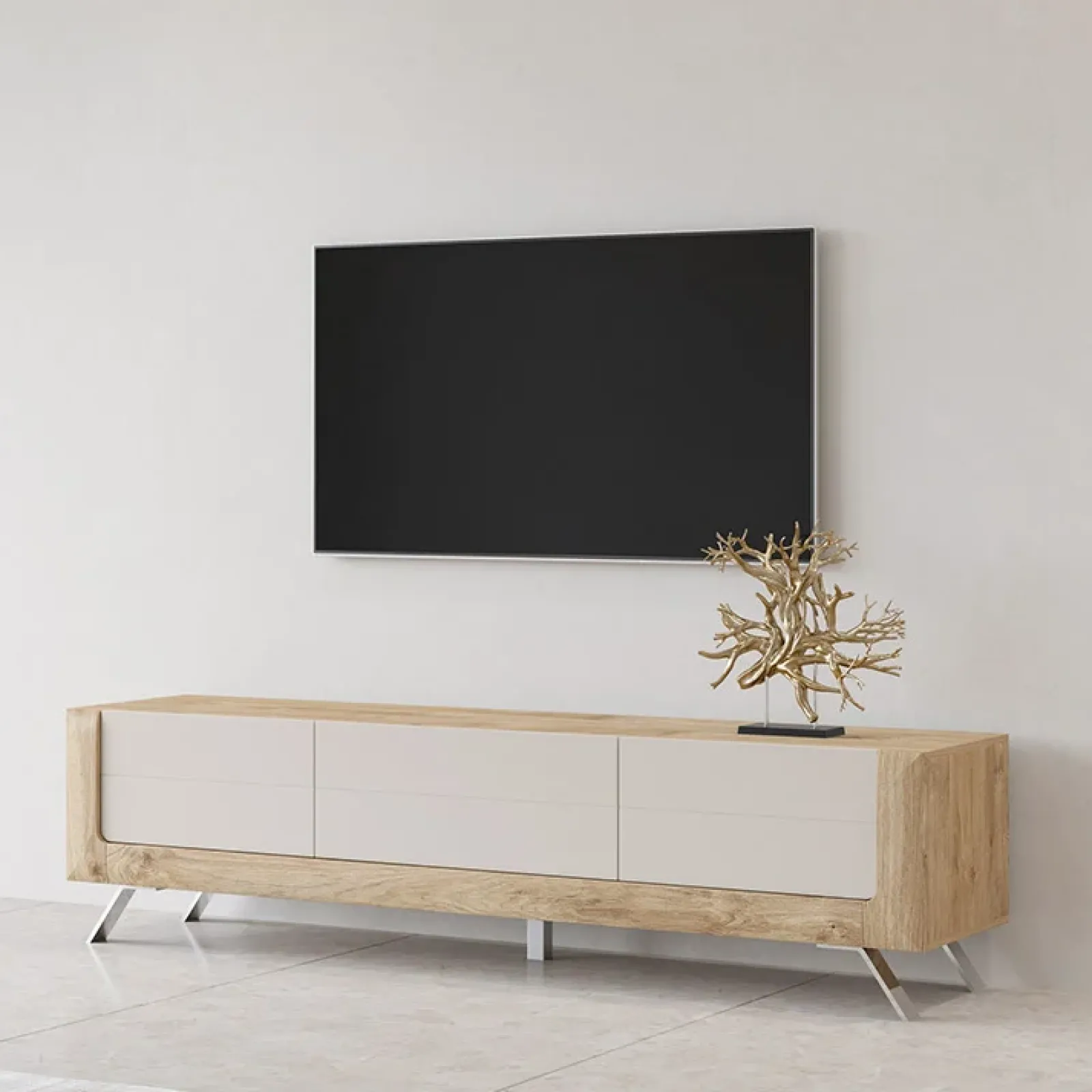 Garnero Arredamenti Mobile Tv Basso-Mobile porta TV 200x52h cm 2 ante 1 cassetto rovere tortora lucido Jumbo Tortora - Rovere