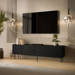 Garnero Arredamenti Mobile Tv Basso-Mobile porta TV 200x59h cm 4 ante con frontali decorati nero Daniele Nero Opaco
