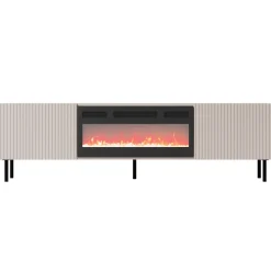 Garnero Arredamenti Camino Elettrico|Mobile Tv Basso-Mobile porta TV 181x53h cm 2 ante con caminetto con frontali cannettati beige  Ziggy