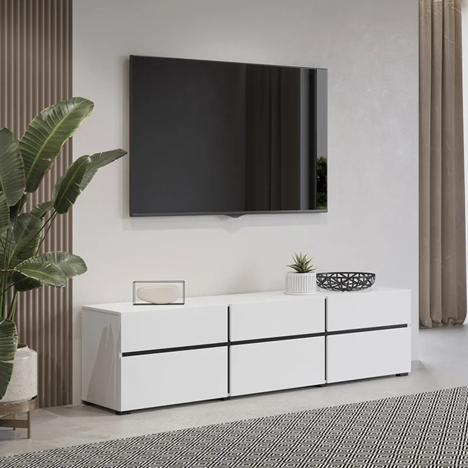 Garnero Arredamenti Mobile Tv Basso|Mobili Tv Moderni-Mobile porta TV 180x48h cm 3 ante a ribalta 3 cassetti nero Lolla Bianco Opaco