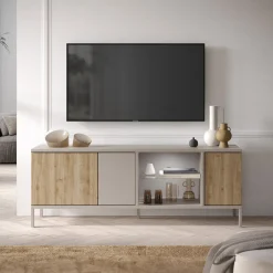 Garnero Arredamenti Mobile Tv Basso-Mobile porta TV 160x59h cm 3 ante 2 vani rovere chiaro beige Tony
