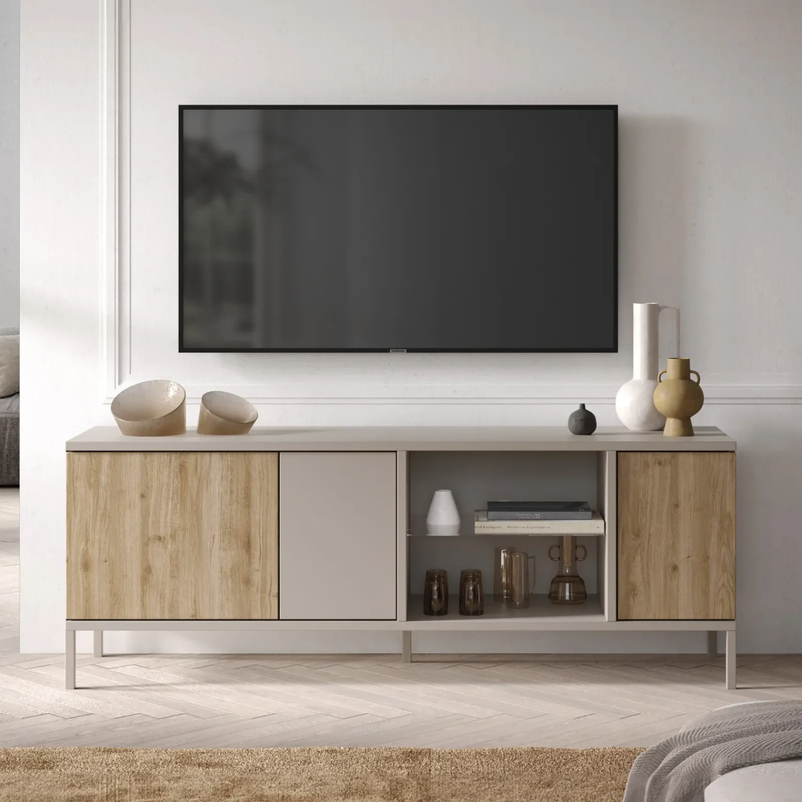 Garnero Arredamenti Mobile Tv Basso-Mobile porta TV 160x59h cm 3 ante 2 vani rovere chiaro beige Tony