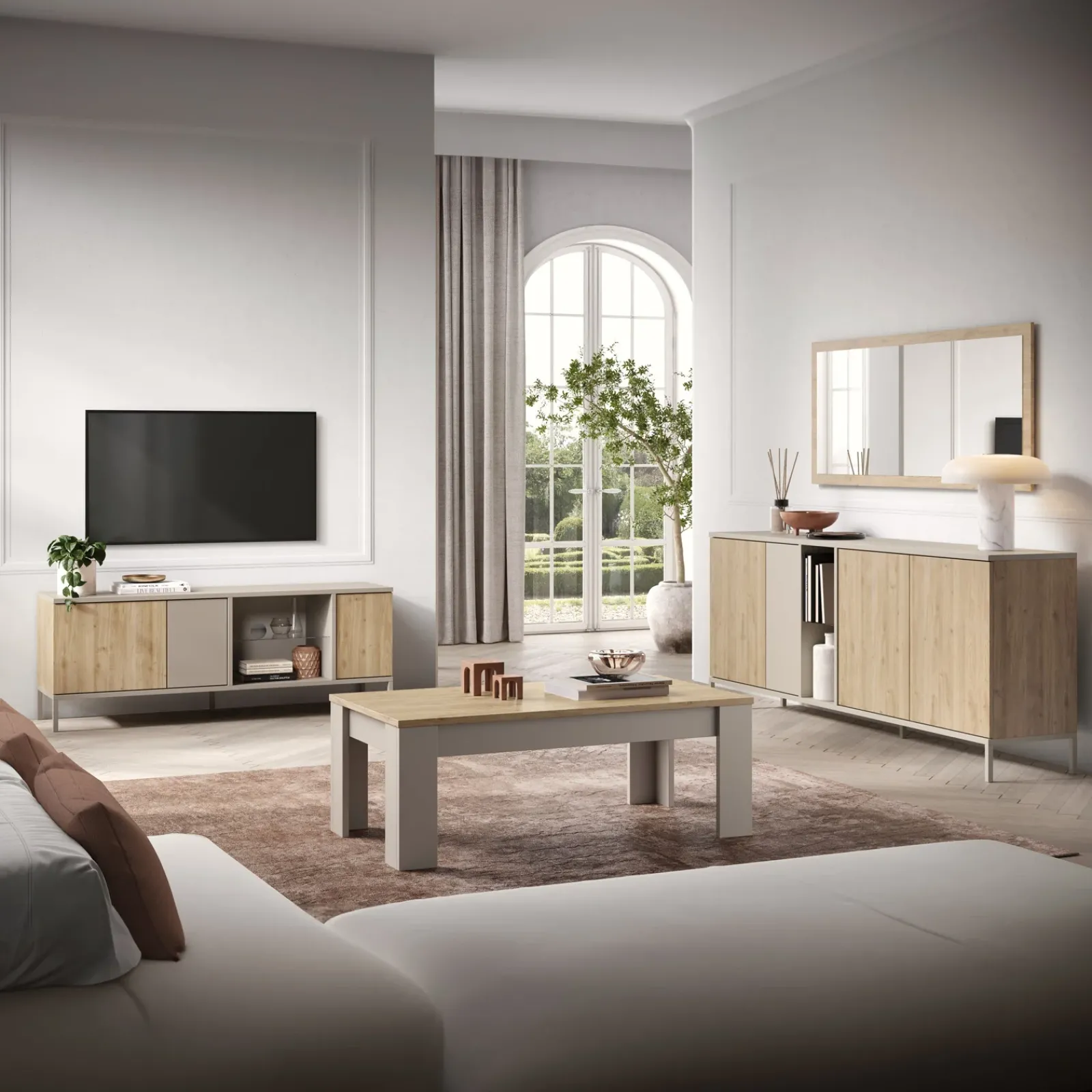 Garnero Arredamenti Mobile Tv Basso-Mobile porta TV 160x59h cm 3 ante 2 vani rovere chiaro beige Tony