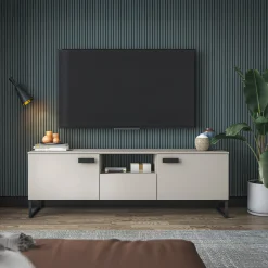 Garnero Arredamenti Mobili Tv Moderni|Mobile Tv Moderno-Mobile porta TV 179x60h cm 2 ante a ribalta 1 cassetto beige cashmere nero Casmira
