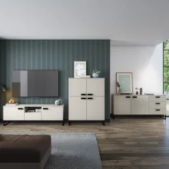 Garnero Arredamenti Mobili Tv Moderni|Mobile Tv Moderno-Mobile porta TV 179x60h cm 2 ante a ribalta 1 cassetto beige cashmere nero Casmira