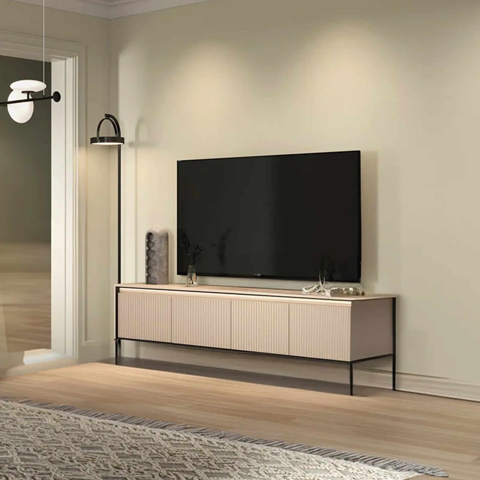 Garnero Arredamenti Mobili Tv Moderni|Mobile Tv Moderno-Mobile porta TV 167x56h cm 2 ante led cannettato nero Camelia Beige