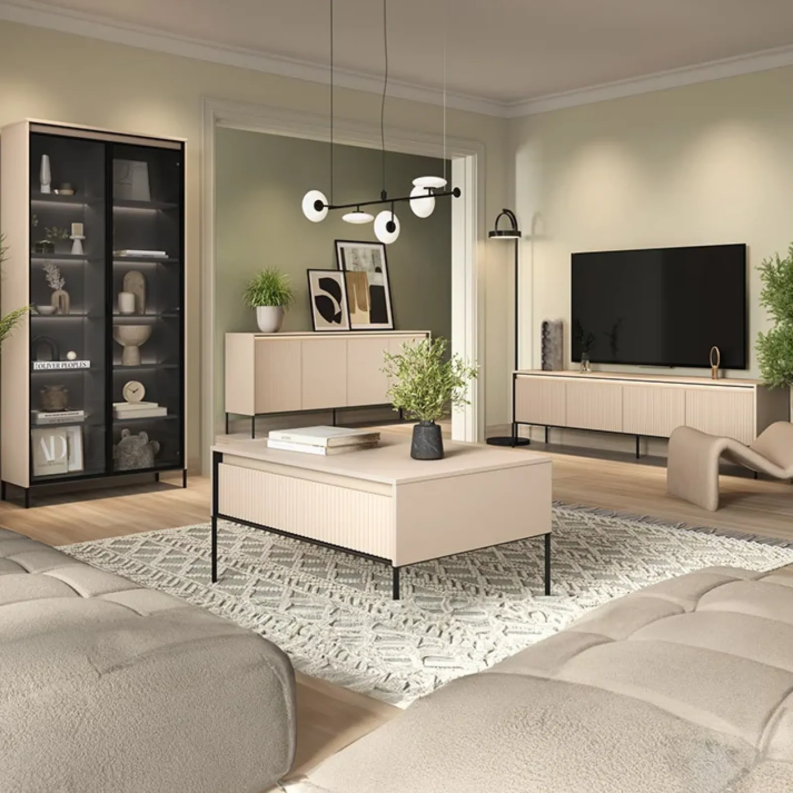 Garnero Arredamenti Mobili Tv Moderni|Mobile Tv Moderno-Mobile porta TV 167x56h cm 2 ante led cannettato nero Camelia Beige