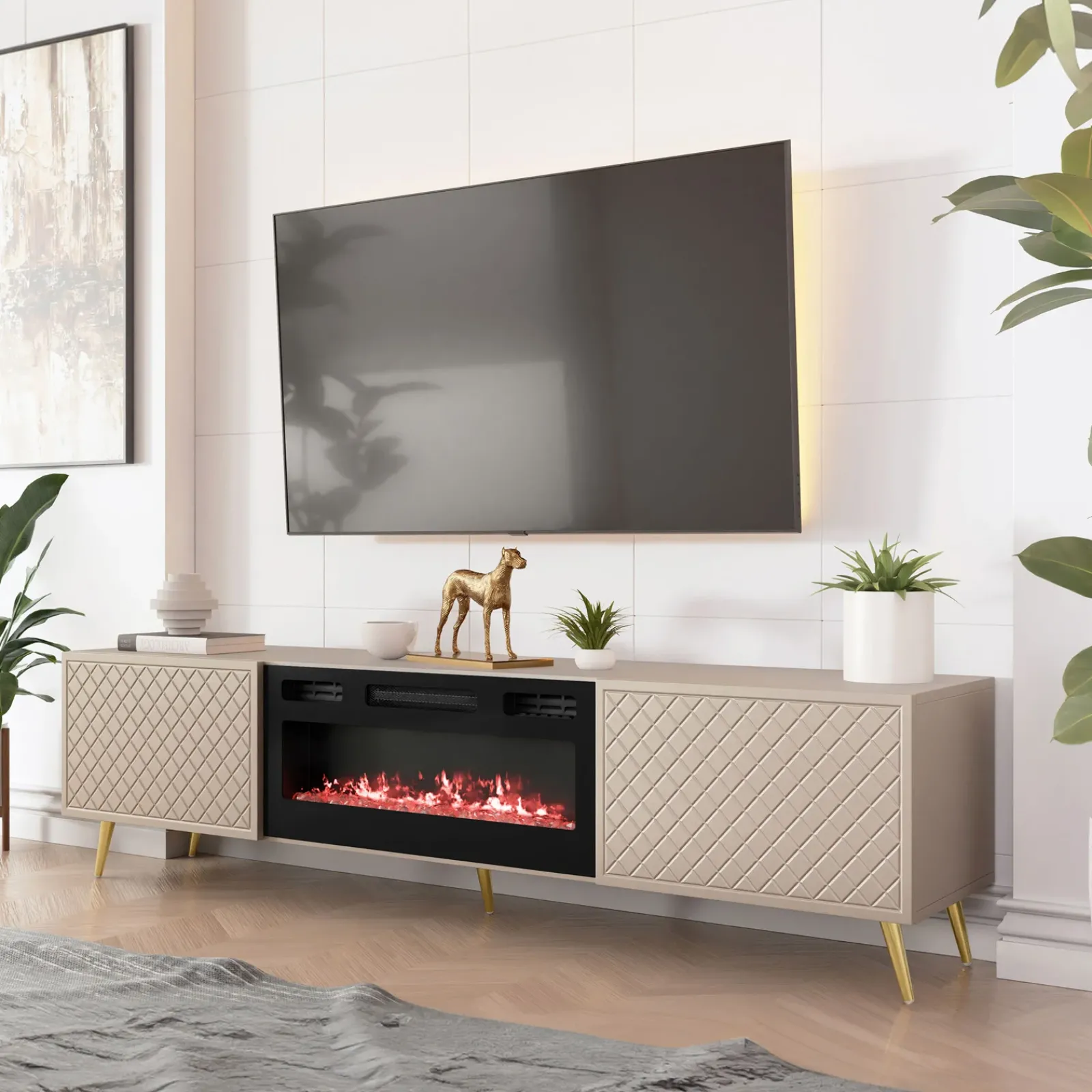 Garnero Arredamenti Camino Elettrico|Mobile Tv Basso-Mobile porta TV 197x52h cm 2 ante con caminetto frontali decorati beige nero Simona