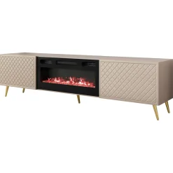 Garnero Arredamenti Camino Elettrico|Mobile Tv Basso-Mobile porta TV 197x52h cm 2 ante con caminetto frontali decorati beige nero Simona