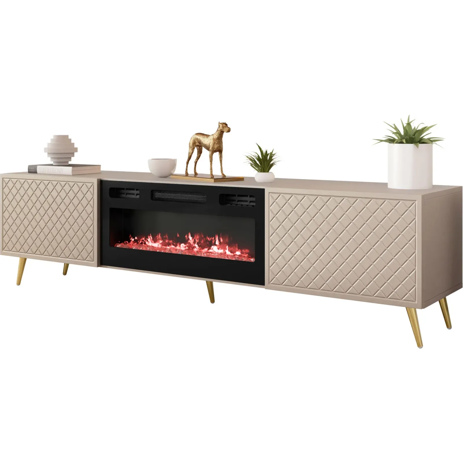 Garnero Arredamenti Camino Elettrico|Mobile Tv Basso-Mobile porta TV 197x52h cm 2 ante con caminetto frontali decorati beige nero Simona