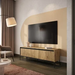 Garnero Arredamenti Mobili Tv Moderni|Mobile Tv Moderno-Mobile porta TV 167x56h cm 2 ante led cannettato nero Camelia Rovere Rustico