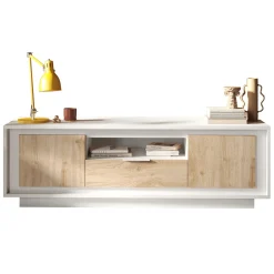 Garnero Arredamenti Mobile Tv Basso|Mobili Tv Moderni-Mobile porta TV 184x58h cm 2 ante 1 cassetto bianco opaco rovere chiaro Deluxe Rovere - Bianco opaco