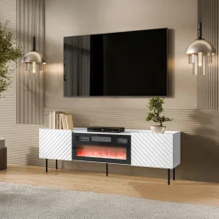 Garnero Arredamenti Camino Elettrico|Mobile Tv Basso-Mobile porta TV 181x59h cm 2 ante con caminetto con frontali decorati bianco Daniele Bianco Opaco