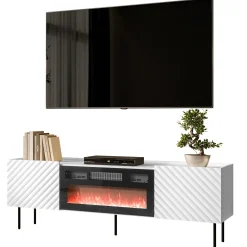 Garnero Arredamenti Camino Elettrico|Mobile Tv Basso-Mobile porta TV 181x59h cm 2 ante con caminetto con frontali decorati bianco Daniele Bianco Opaco