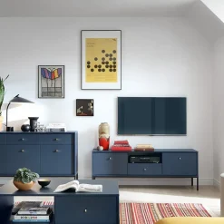 Garnero Arredamenti Mobile Tv Basso|Mobili Tv Moderni-Mobile porta TV 154x56h cm 2 ante con cassetto moderno blu notte Glory