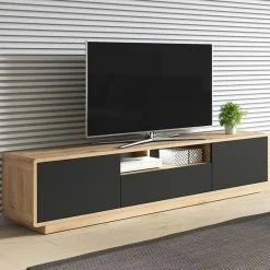 Garnero Arredamenti Mobile Tv In Legno|Mobile Tv Basso-Mobile porta TV 200x45h cm 2 ante 1 cassetto nero opaco rovere Esmond