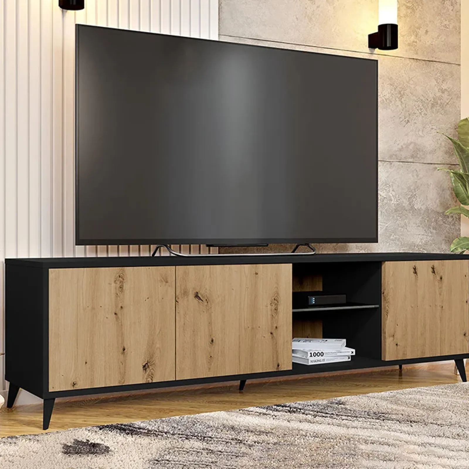 Garnero Arredamenti Mobile Tv Basso|Mobili Tv Moderni-Mobile porta TV 180x52h cm 3 ante 2 vani a giorno rovere nero Hans