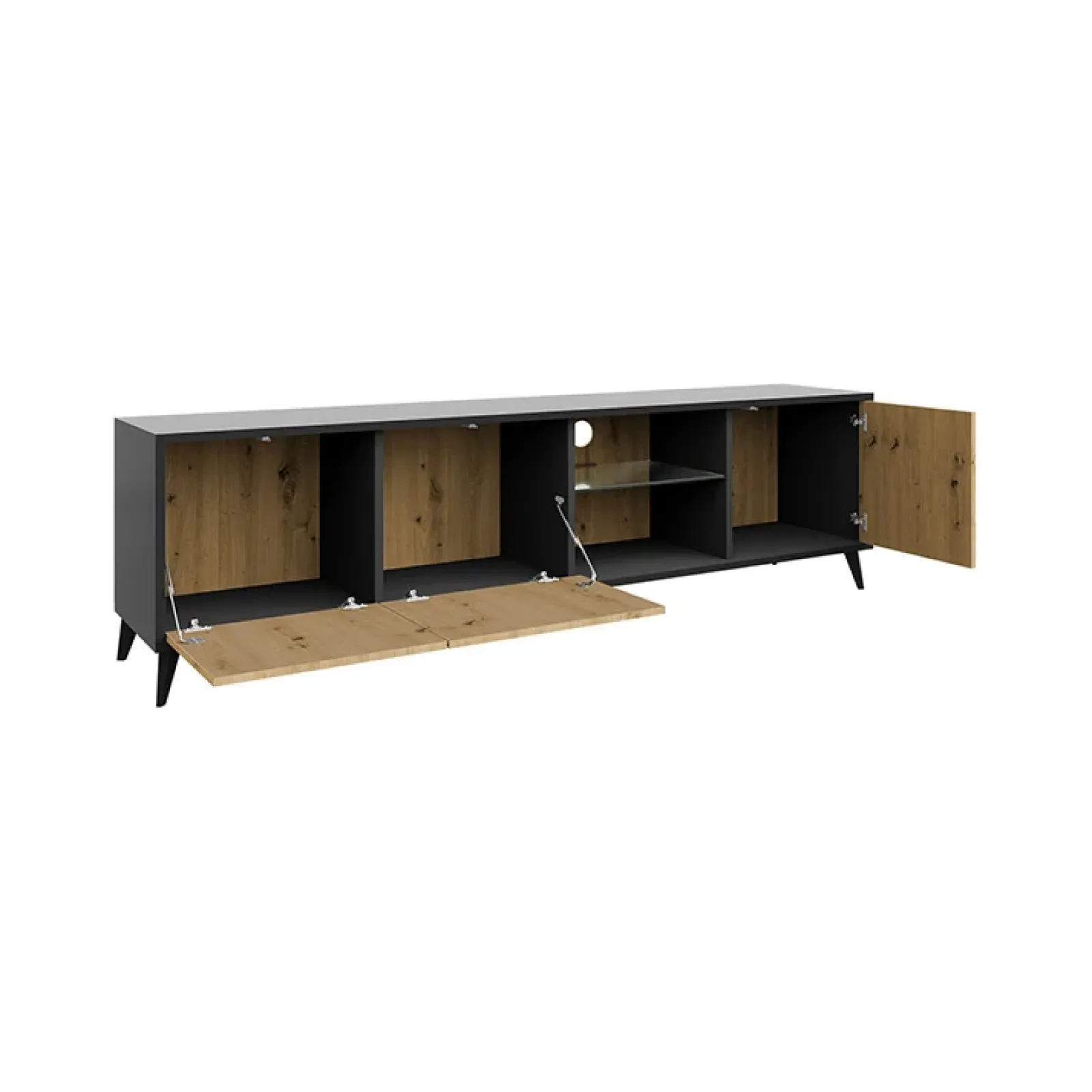 Garnero Arredamenti Mobile Tv Basso|Mobili Tv Moderni-Mobile porta TV 180x52h cm 3 ante 2 vani a giorno rovere nero Hans