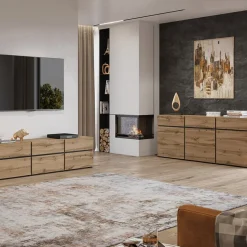 Garnero Arredamenti Mobile Tv Basso|Mobili Tv Moderni-Mobile porta TV 225x48h cm 4 ante a ribalta 4 cassetti moderno nero Lolla Rovere