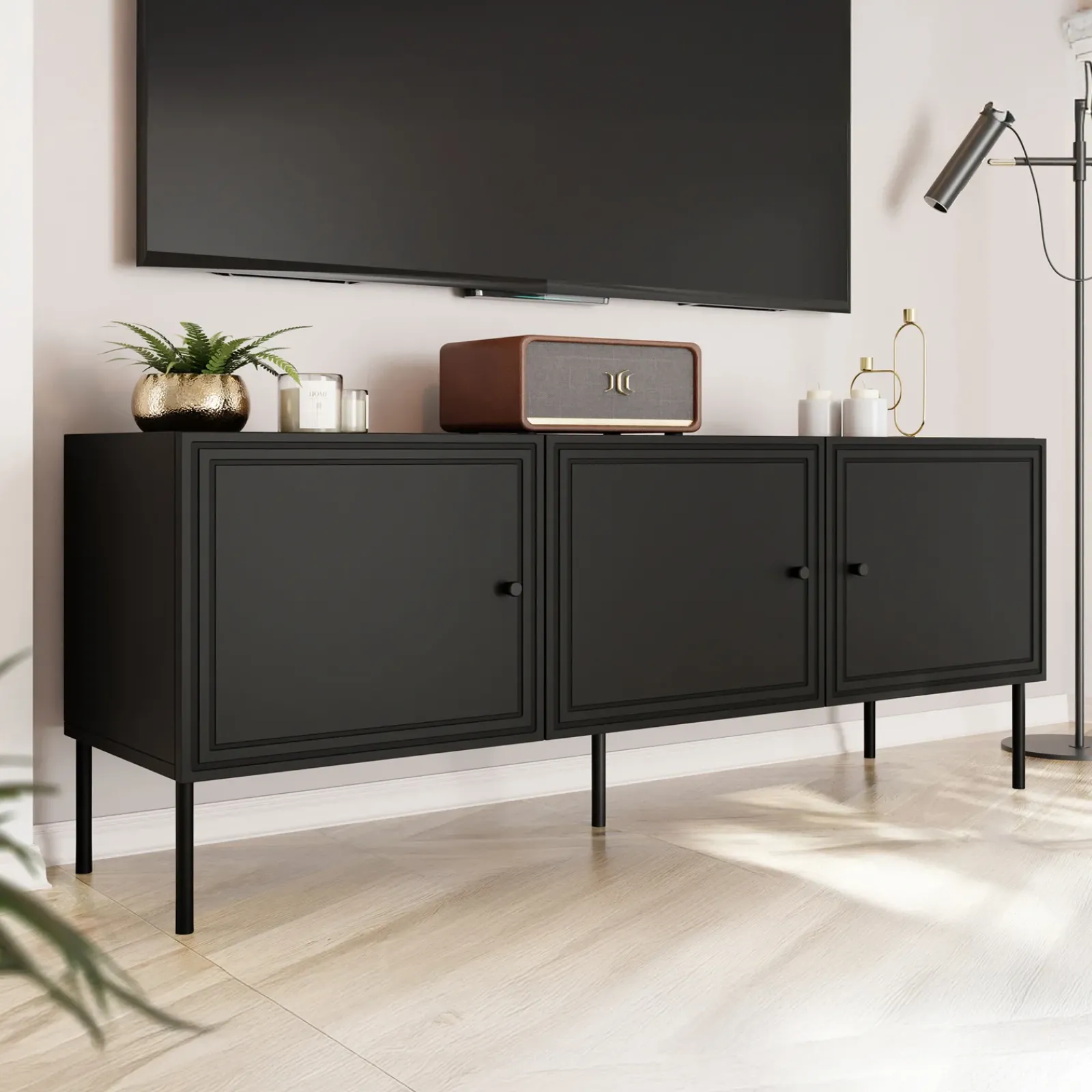 Garnero Arredamenti Mobile Tv Basso|Mobili Tv Moderni-Mobile porta TV 151x60h cm 3 ante Stark Nero Opaco