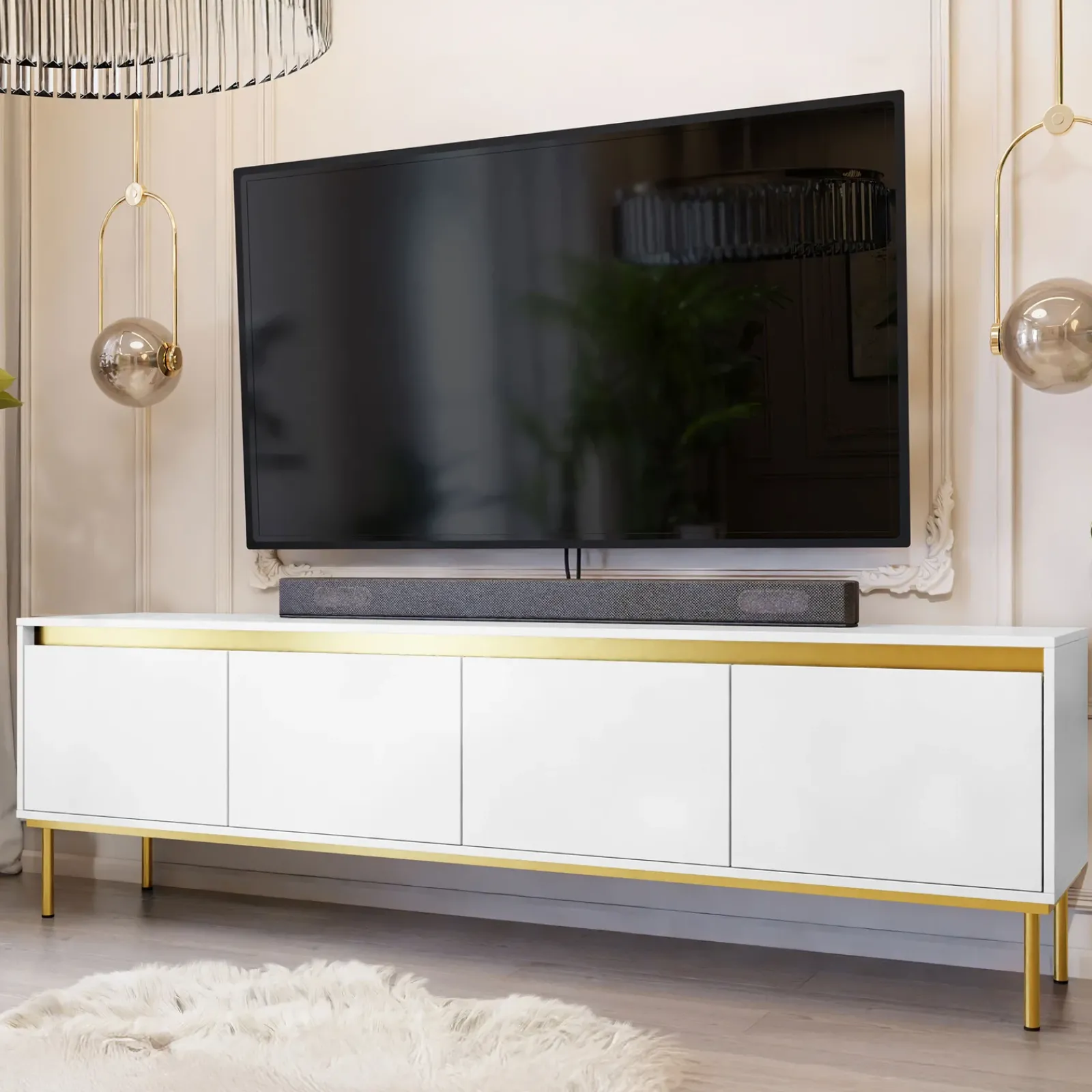 Garnero Arredamenti Mobile Tv Basso-Mobile porta TV 200x60h cm 4 ante bianco oro Praga