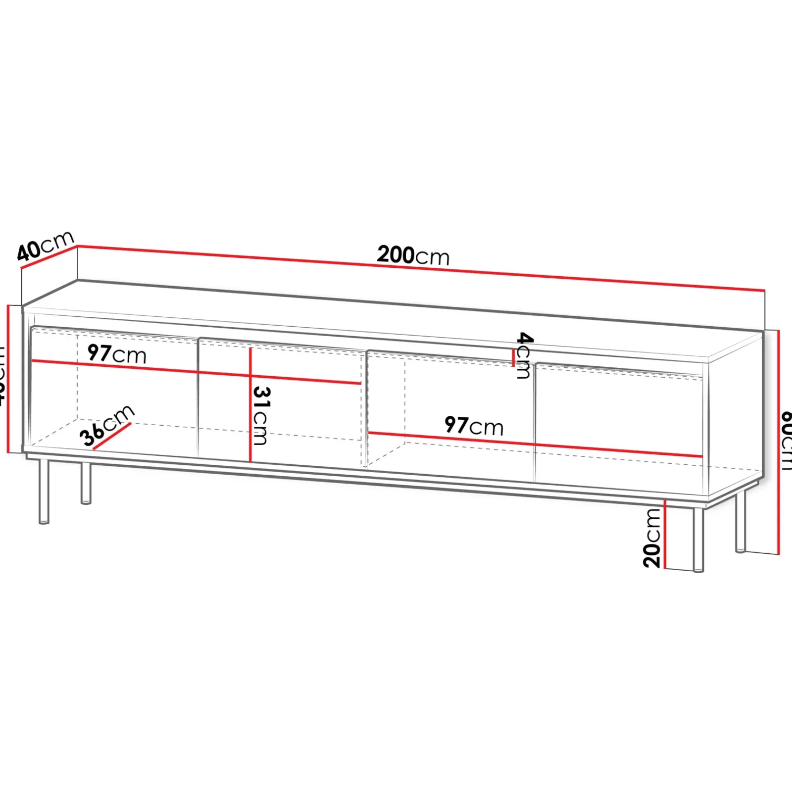 Garnero Arredamenti Mobile Tv Basso-Mobile porta TV 200x60h cm 4 ante bianco oro Praga