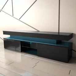 Garnero Arredamenti Mobile Tv Basso|Mobili Tv Moderni-Mobile porta TV 190x54h cm 2 ante con LED nero Lumus Nero Lucido