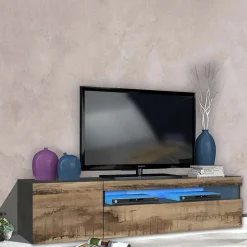 Garnero Arredamenti Mobile Tv In Legno|Mobile Tv Basso-Mobile porta TV 155x37h cm 1 anta ardesia acero Light Small Gihome® Rovere - Antracite