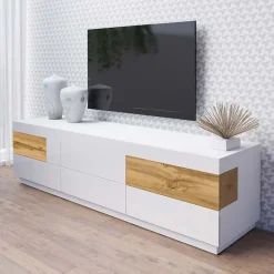 Garnero Arredamenti Mobile Tv Basso|Mobili Tv Moderni-Mobile porta TV 206x54h cm 6 cassetti bianco lucido rovere Bahama Bianco Lucido - Rovere Rustico
